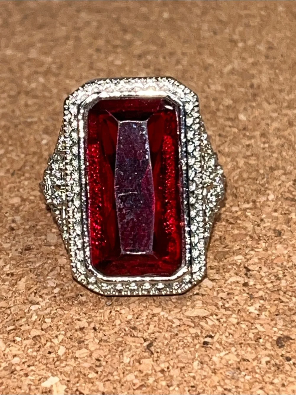 925 Sterling Silver Ruby Red Emerald Cut Cocktail Ring CZ Halo Filigree Size 6